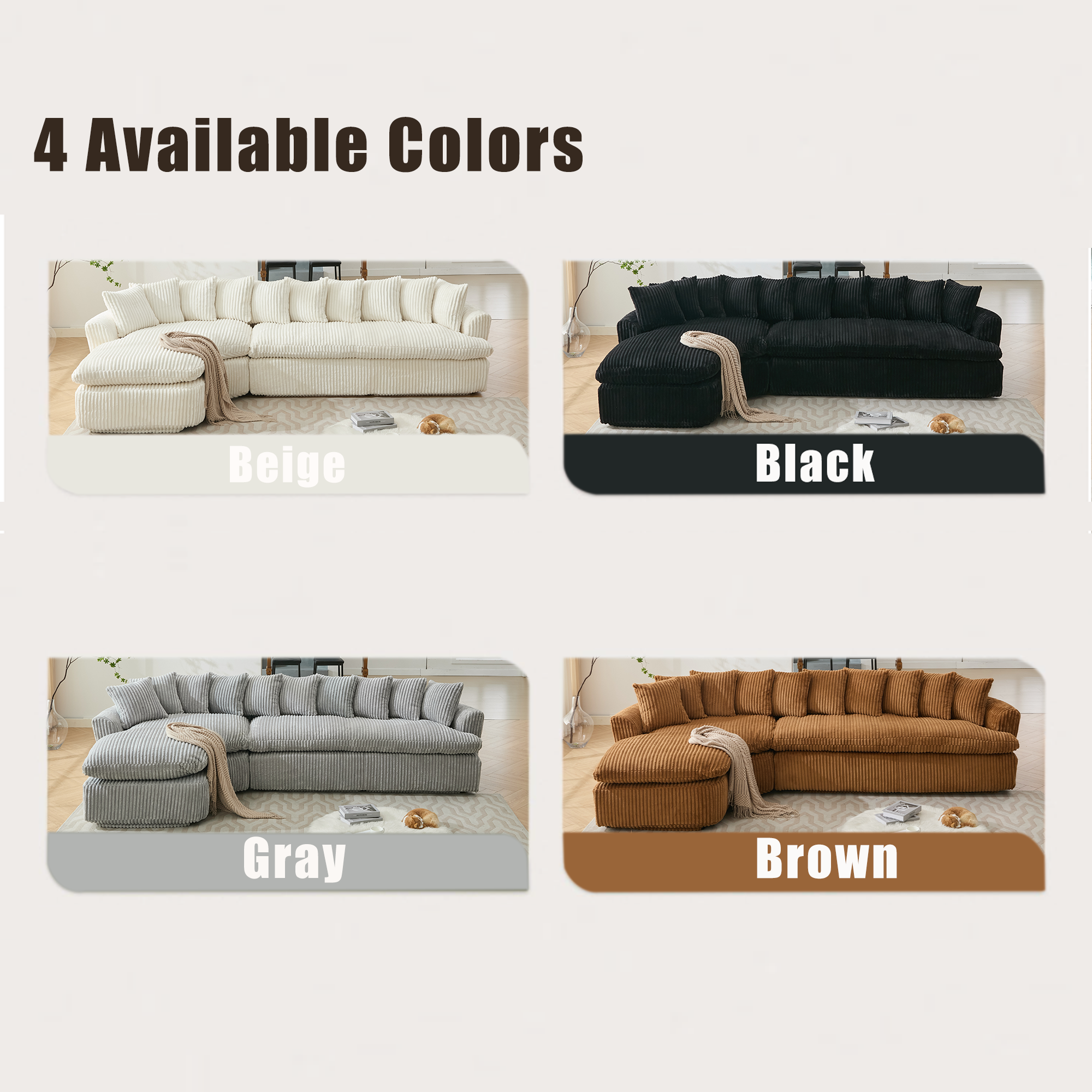 127''  Large Sectional Sofa ,Elegant Curved Design ,High-Resilience Foam ,Ten Back Cushions,L-Shape Left Sofa,No Assembly  Required , (Gray-Soft Corduroy Fabric)