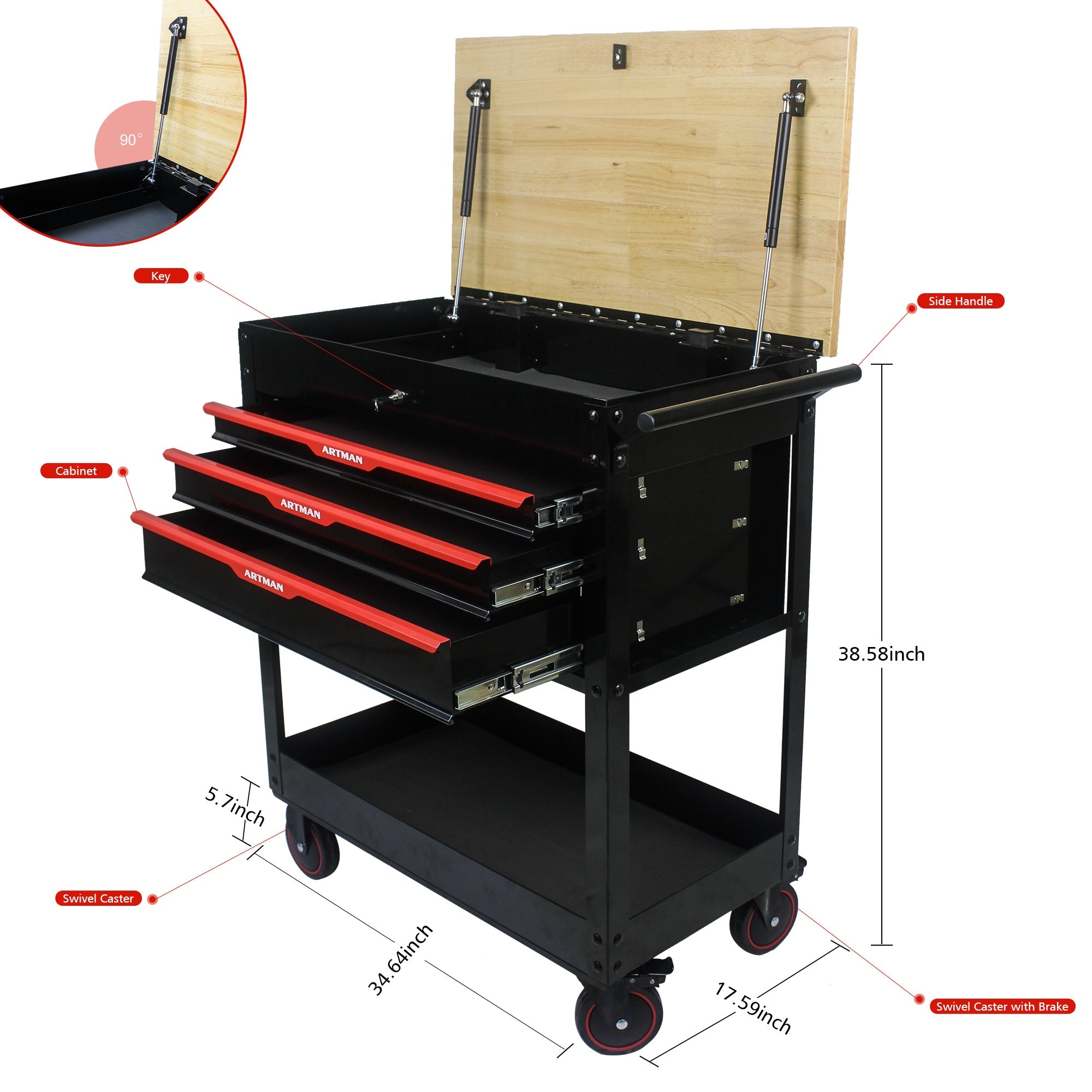 3 DRAWERS MULTIFUNCTIONAL TOOL CART WITH WHEELS AND WOODEN TOP--BLACK&RED