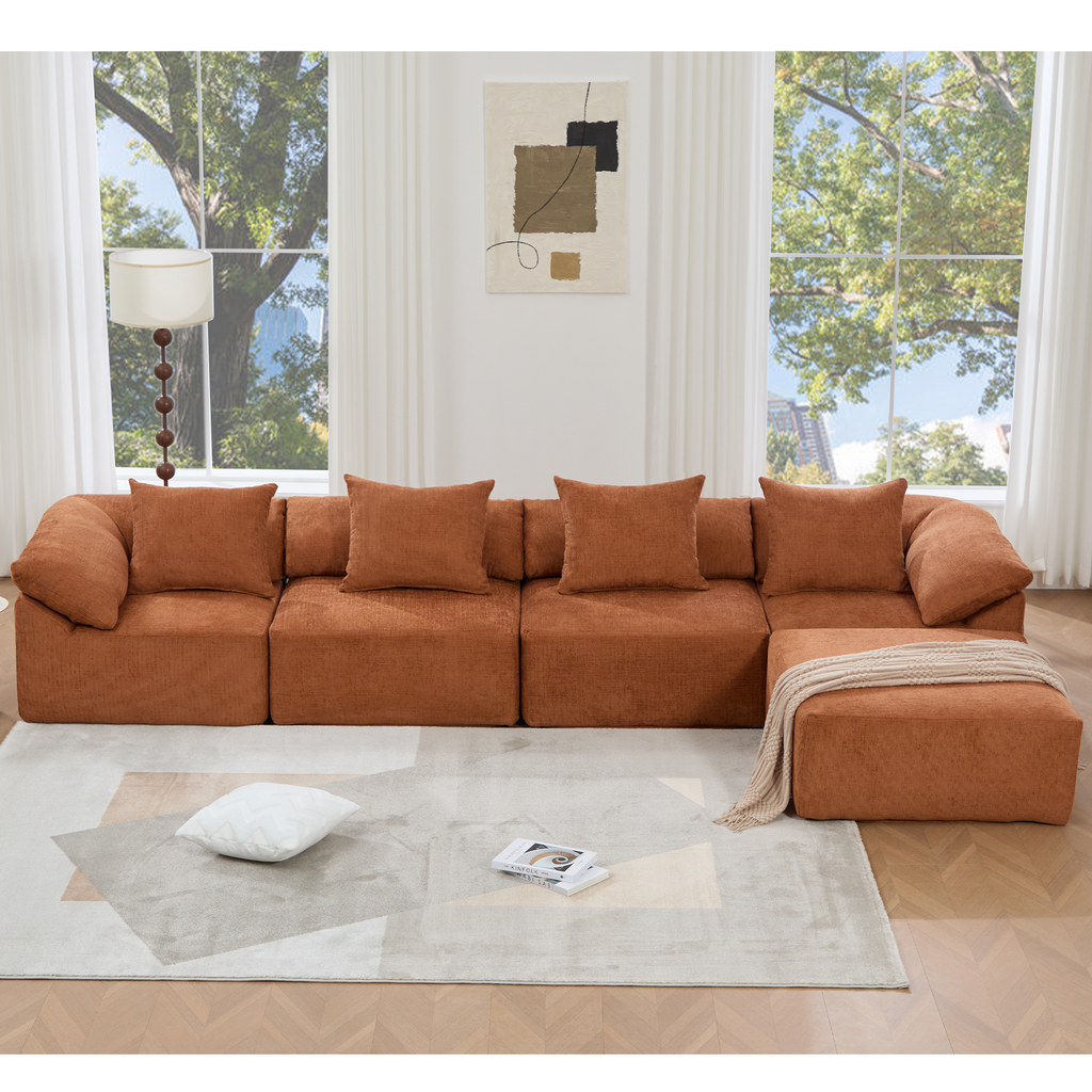 142' L Shaped Modular Sectional Sofa,No Assembly,5 Piece Couch, Convertible Sleeper Couch,Full-Compressed Couch,Free-Combined Couches,5 Seat & Ottoman,Chenille,Orange
