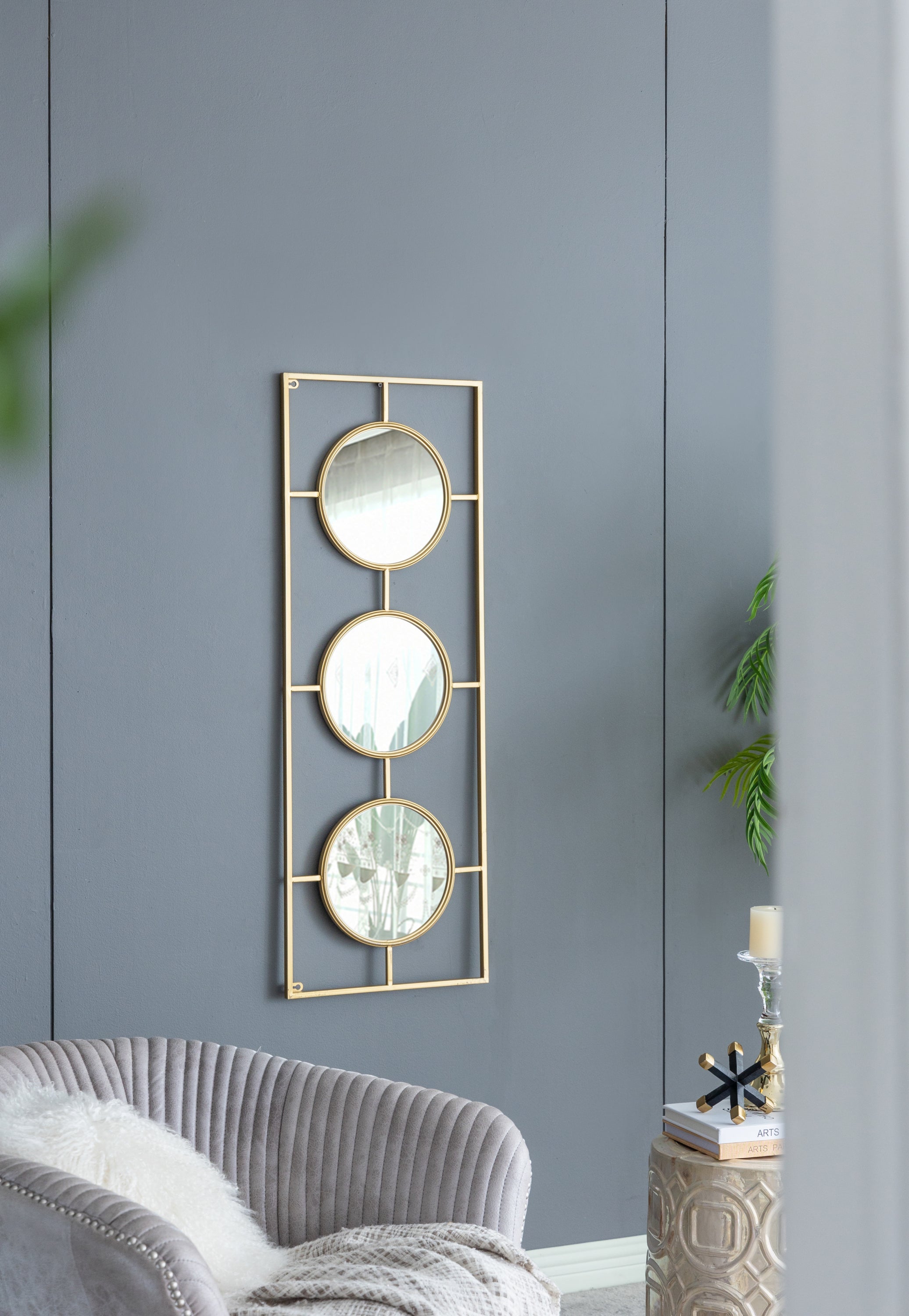 3 Mirror Piece Wall Mirror in Gold Rectangular Frame, Home Wall Decor for Bedroom Living Room, 43"x16"