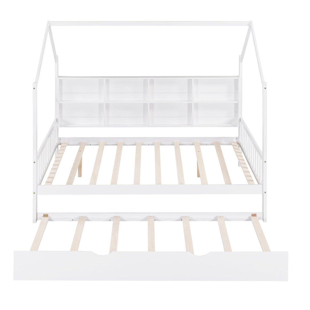 Wooden Full Size House Bed with Trundle,Kids Bed with Shelf, White (Old SKU: WF297070AAK)