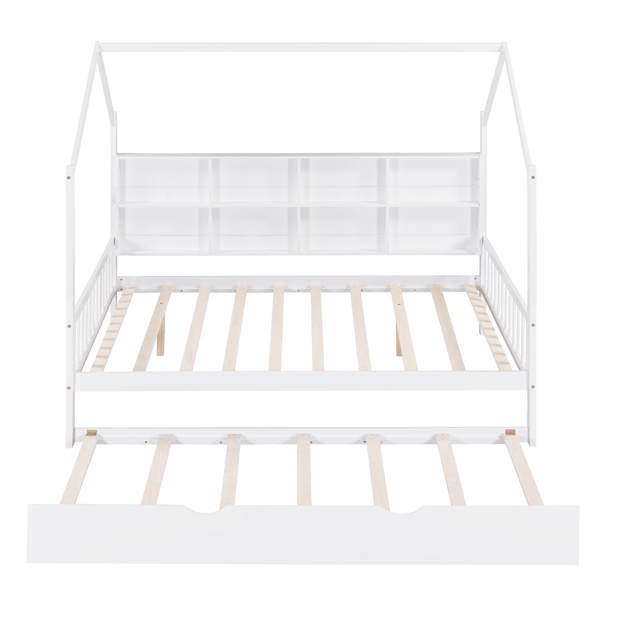 Wooden Full Size House Bed with Trundle,Kids Bed with Shelf, White (Old SKU: WF297070AAK)