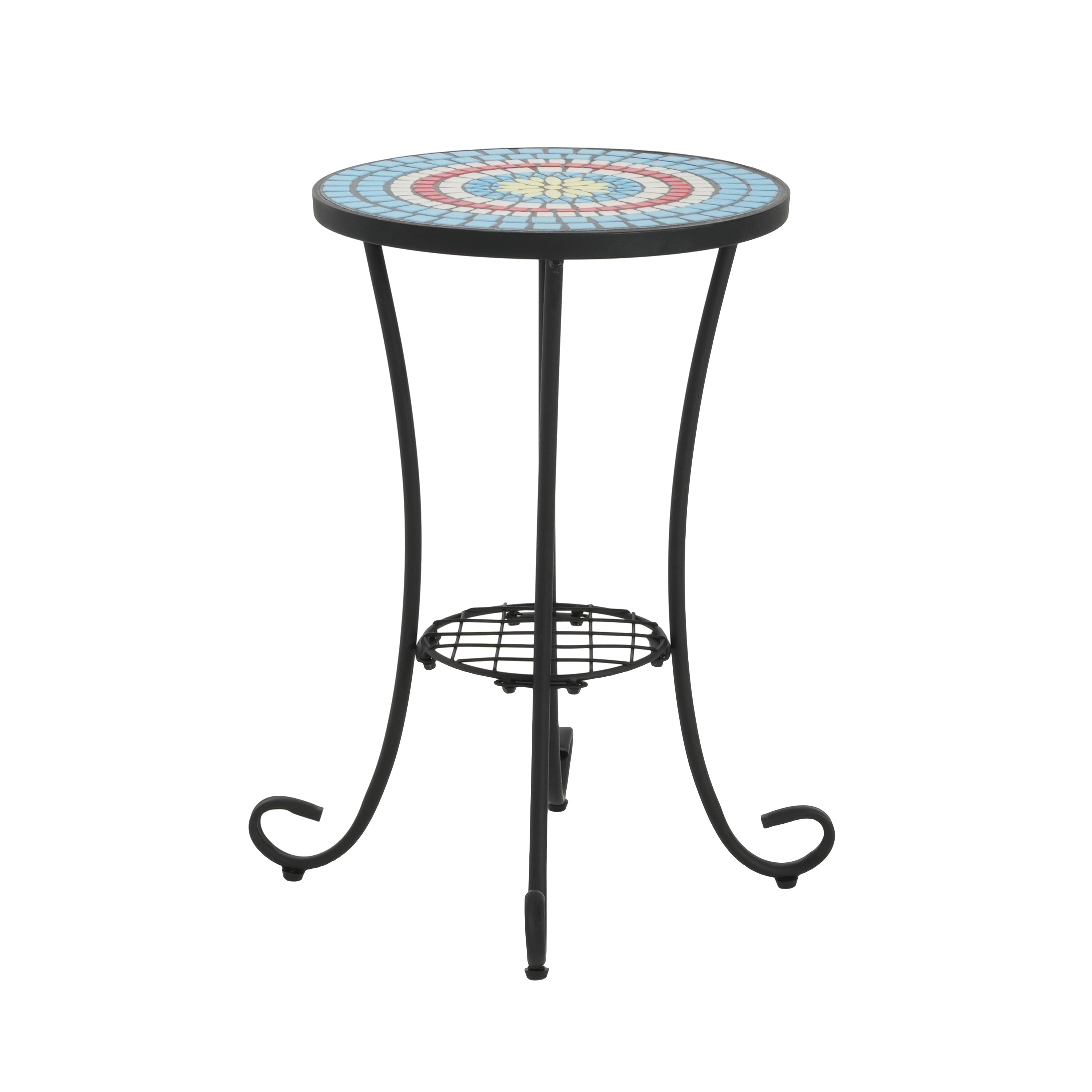 Vibrant Patio Side Table with Shelf, Floral Design, Blue and Black Ceramic Tile, 14-Inch