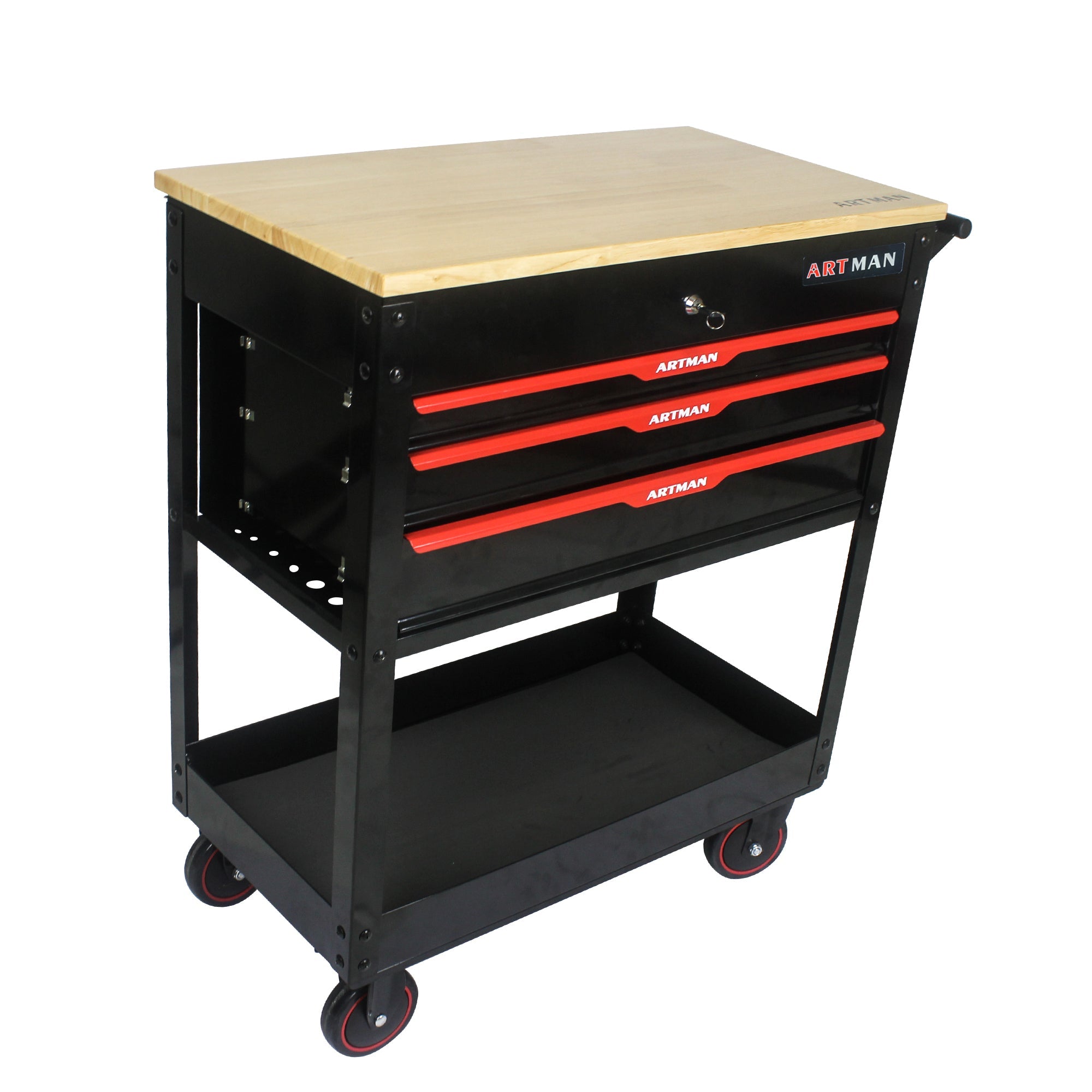 3 DRAWERS MULTIFUNCTIONAL TOOL CART WITH WHEELS AND WOODEN TOP--BLACK&RED