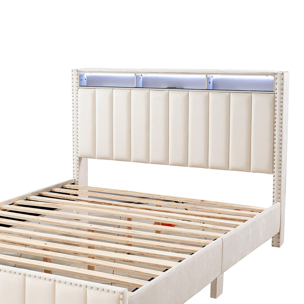 Full Size Bed 2x Nightstands Bedroom Furniture Contemporary Beige Fabric Upholstered Bedframe w LED Nailhead Trim 3pc Bedroom Set