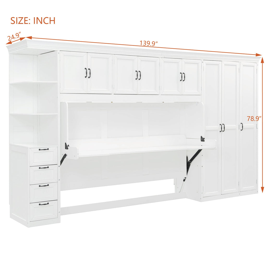 Twin Size Murphy Bed Wall Bed with Wardrobe, Cabinet and Desk, White
