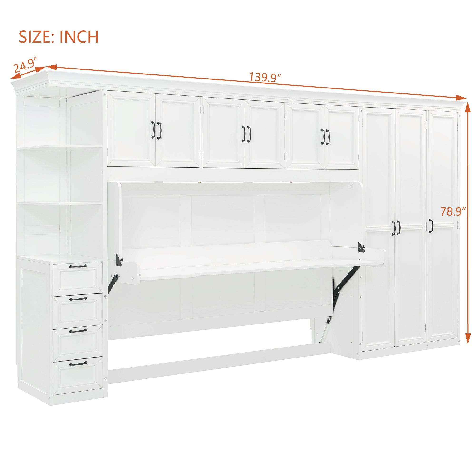 Twin Size Murphy Bed Wall Bed with Wardrobe, Cabinet and Desk, White