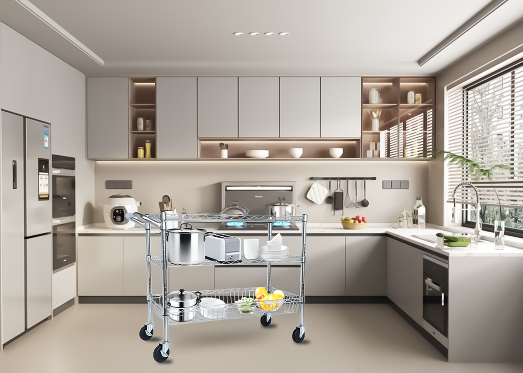 Heavy Duty Rolling Utility Cart,3 Tier Rolling Carts with Wheels,with Handle Bar & Shelf Liners,36'x18'x32'Storage Cart for Kitchen,Restaurant,Plant Display,Chrome