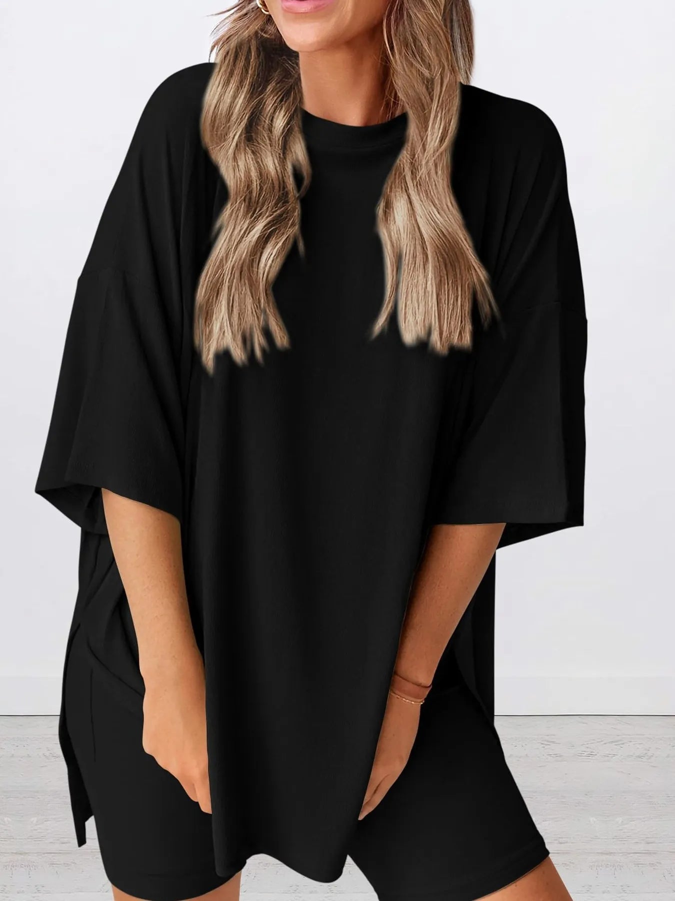 Oversized Slit Round Neck Top and Shorts Lounge Set Plus Size