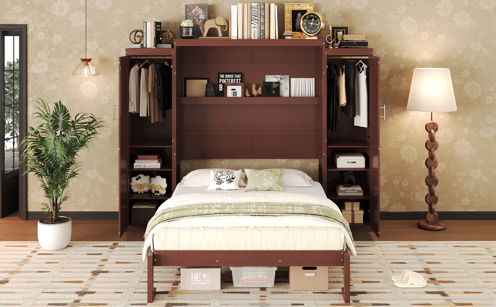 Full Size Murphy Bed, Wooden Full Wall Bed with 2 Wardrobe and Storage Shelf, Multifunctional Foldable Platform Bedframe for Guest-Room, Bedroom, Walnut