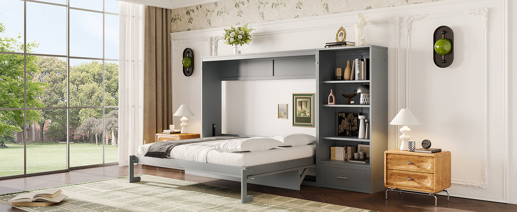 Queen Size Murphy Bed with Height Adjustable Storage Compartments and Shelf, Wall Bed Frame With 1 Drawer, Multifunctional Foldable Platform Bed for Small Space,Bedroom,Guest Room, Gray