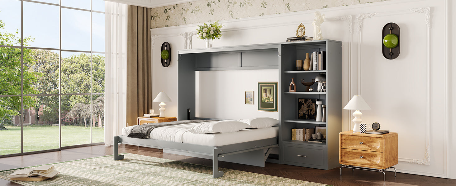Queen Size Murphy Bed with Height Adjustable Storage Compartments and Shelf, Wall Bed Frame With 1 Drawer, Multifunctional Foldable Platform Bed for Small Space,Bedroom,Guest Room, Gray