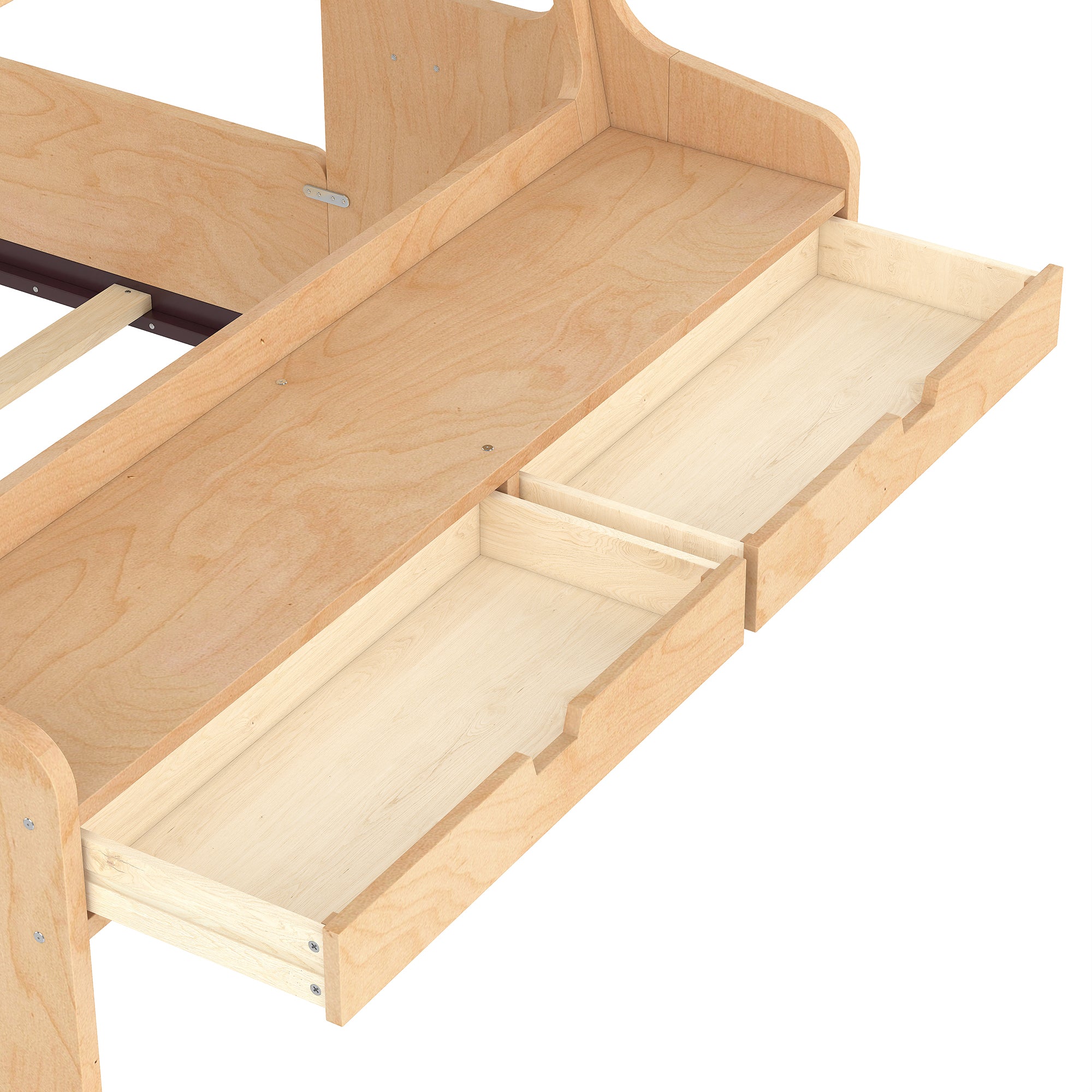 Full Size Floor Bed with Interesting Car-shape Design, Kids Car Floor Bed with Storage Drawers, Window, and Desk, Childlike Design, Natural