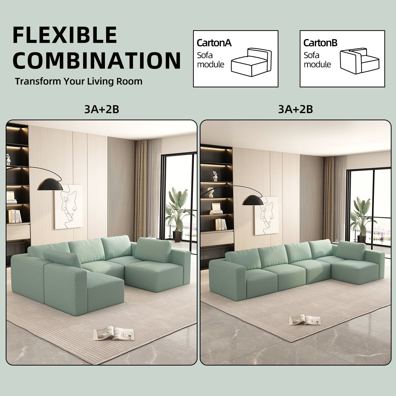 104.32*70.86 Modular Sectional Sofa Sleeper Couch, Sectional Sofa with Chaise and Ottoman, Convertible U Shaped Modular Sofa Set. Compressed spon, Light Green (Combo 3A+2B)