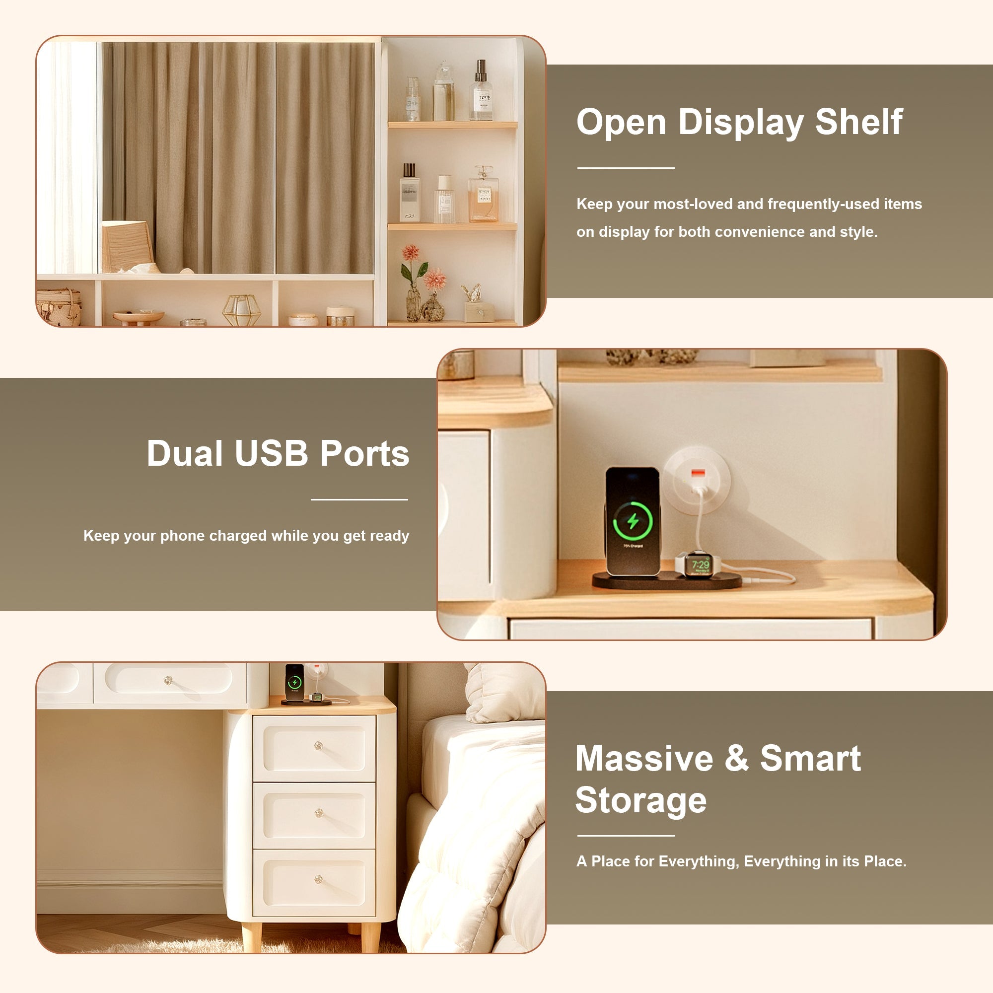 Vanity Desk with Mirror and Lights,Makeup Vanity with 2 USB Power Strip,Vanity Set with Two Drawers and Three-drawer Chest, 3 Lighting Modes Adjustable Brightness, Foldable Three-sided Mirror(White)