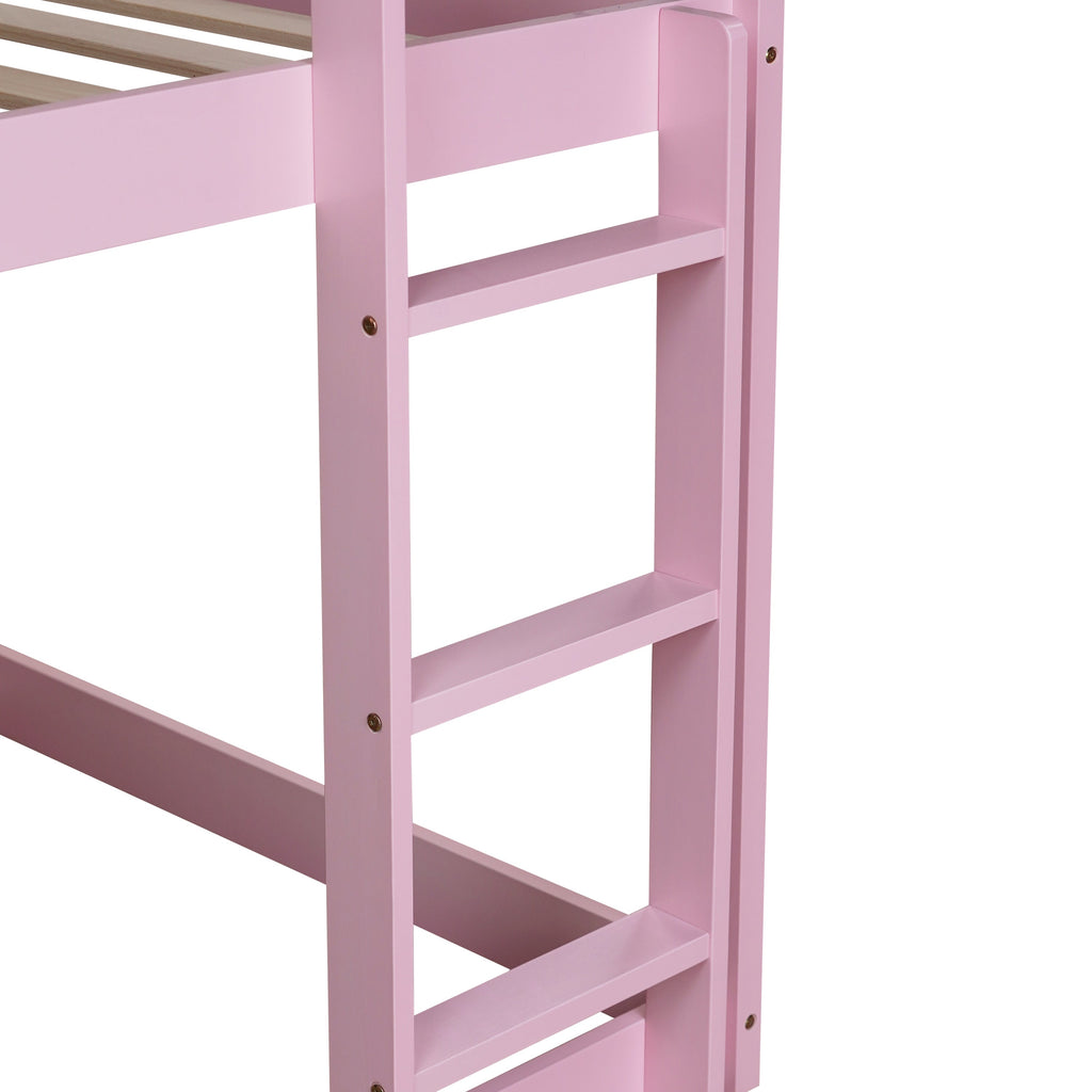 Solid Wooden, Solid Rubber Wooden Twin over Twin Floor Bunk Bed with Ladder, with Bed Platform of Strengthened Slats , Pink