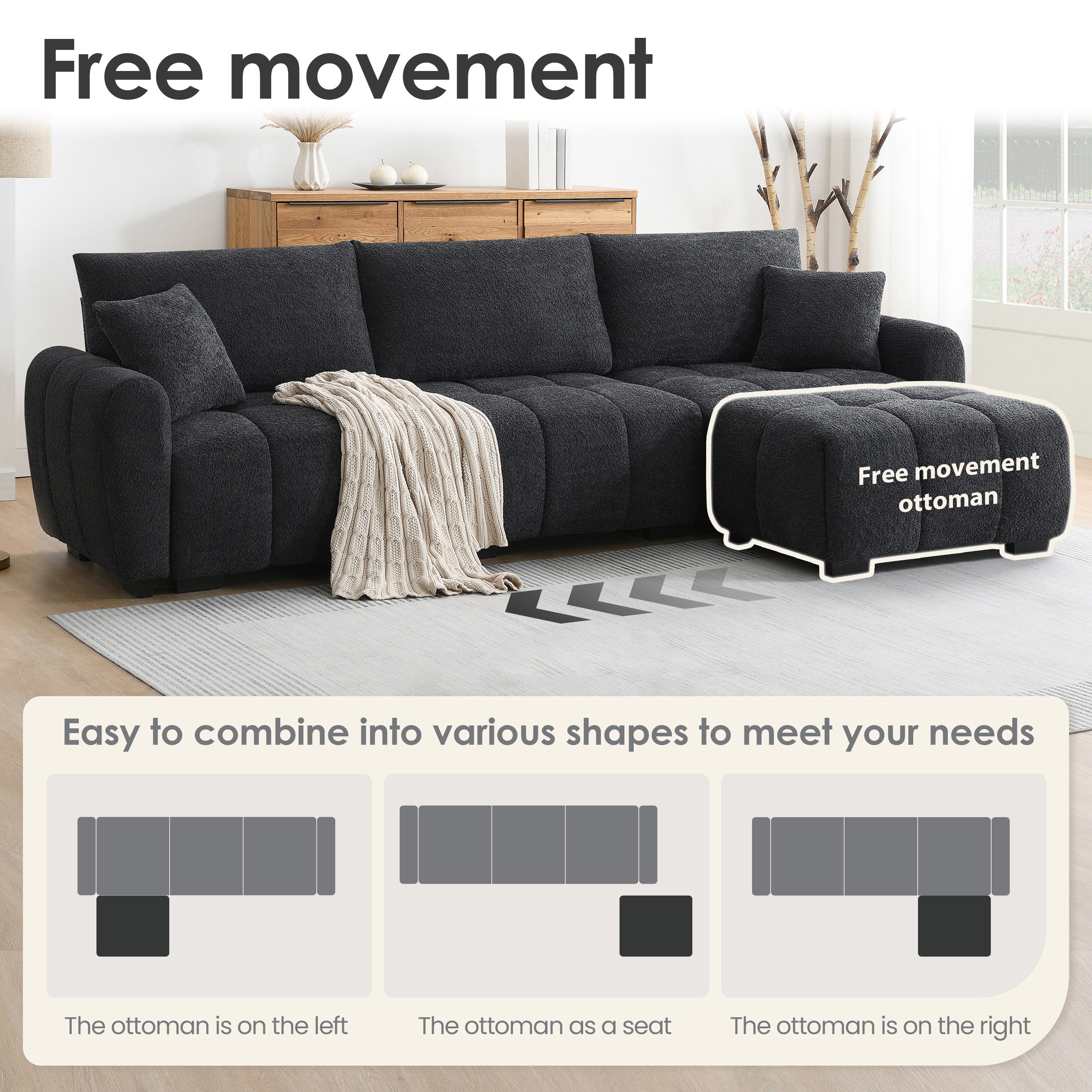 110' Modular Sectional Sofa, L Shape with Extra-large Seat, Pull-line Design, Movable Ottoman, High Density Foam, Free Combination, Sturdy Metal&Wood Frame, Boucle Fabric, 3 Colors