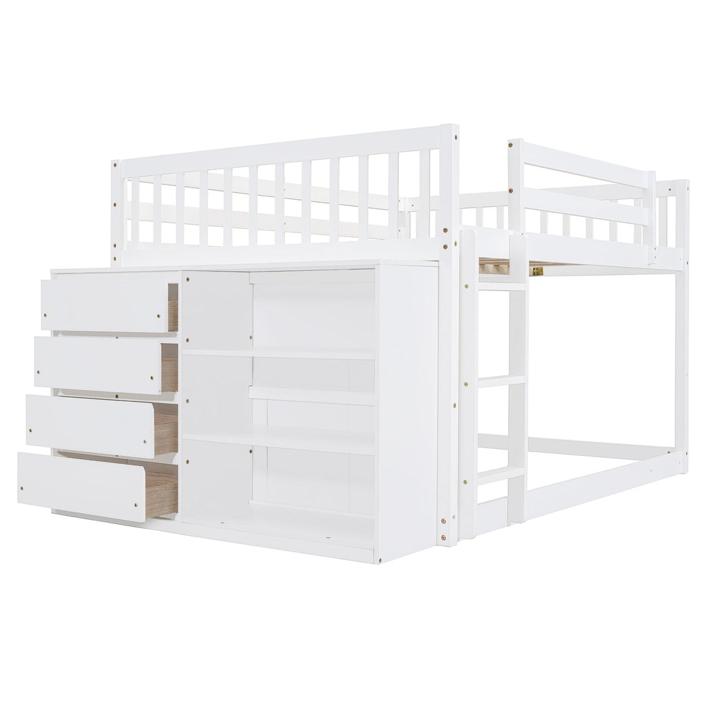 Elegant White Full Over Full Bunk Bed with Storage and Shelves - Solid Wood and Durable Design