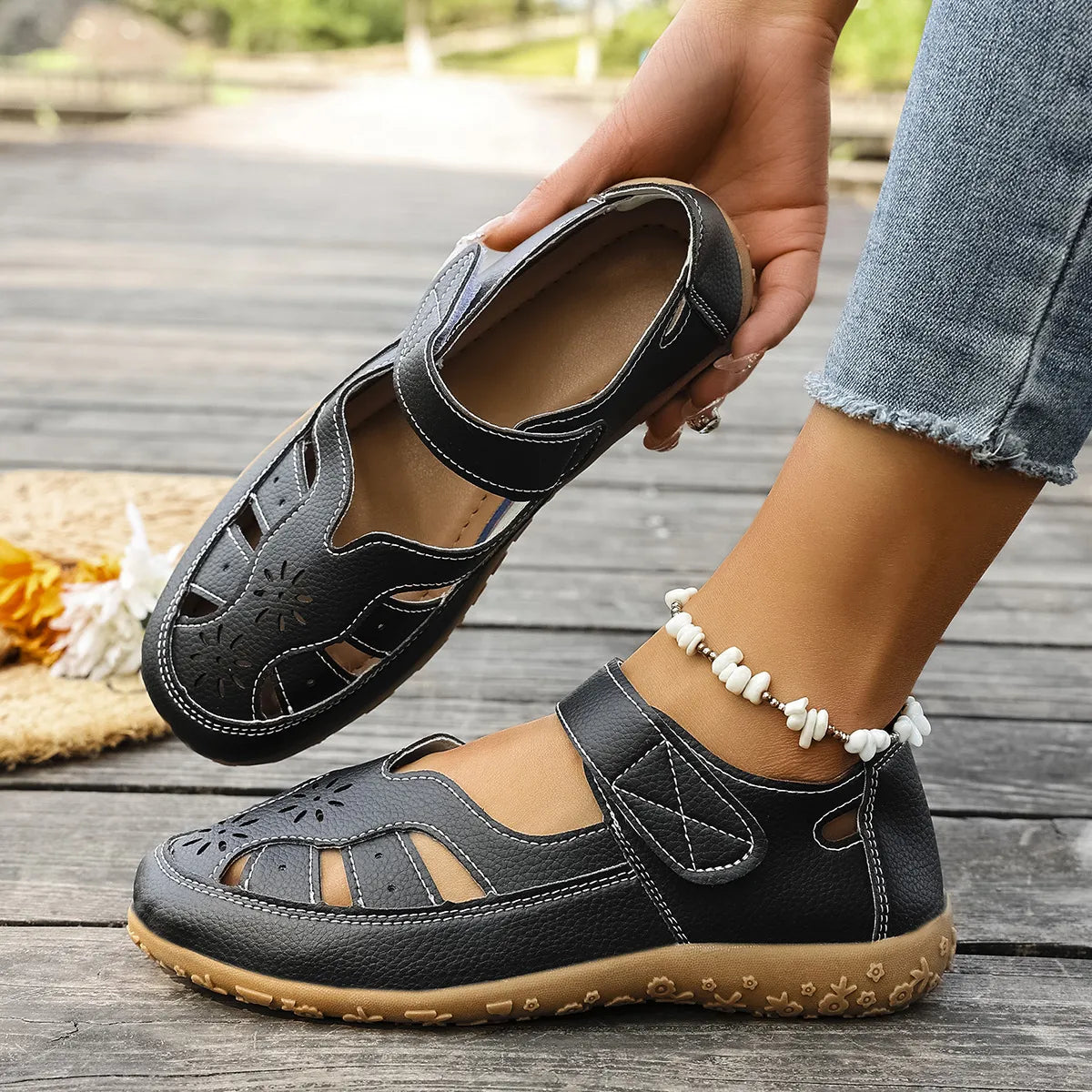 Cutout Velcro Straps Sandals