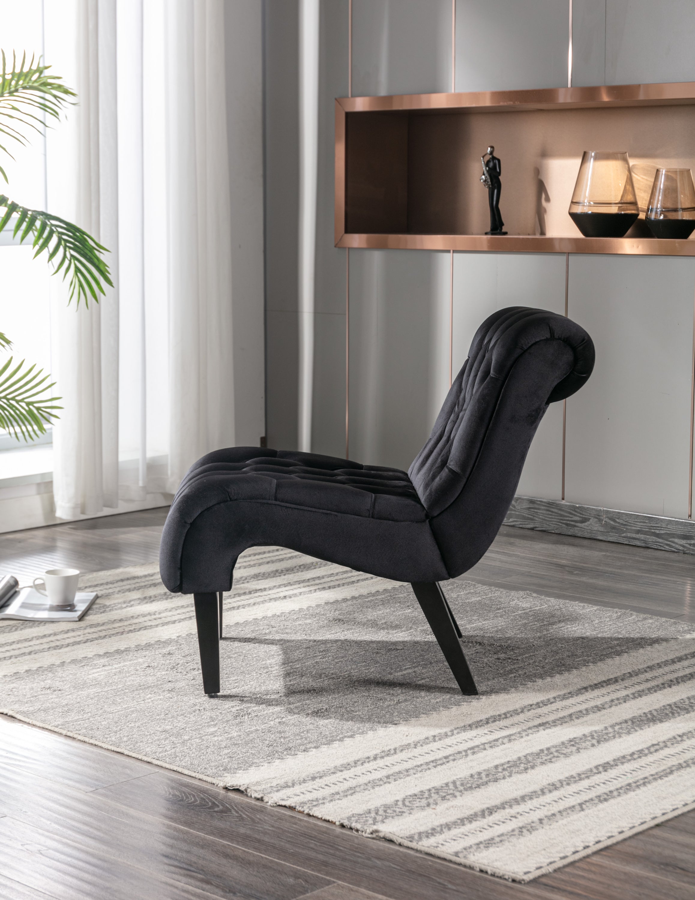 COOLMORE Modern Velvet Armless Accent Living Room Chair / Leisure Chair,Upholstered Fabric Button Comfortable Chair with Wooden Legs for Bedroom, Living Room, Office (Black Velvet)