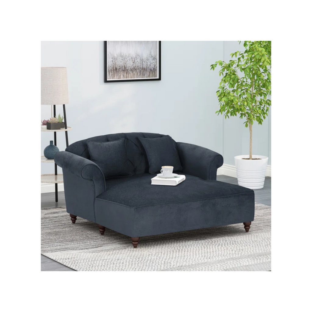 Upholstered Chaise Lounge with Scroll Arms, Turned Legs and 2 Pillows, Charcoal
