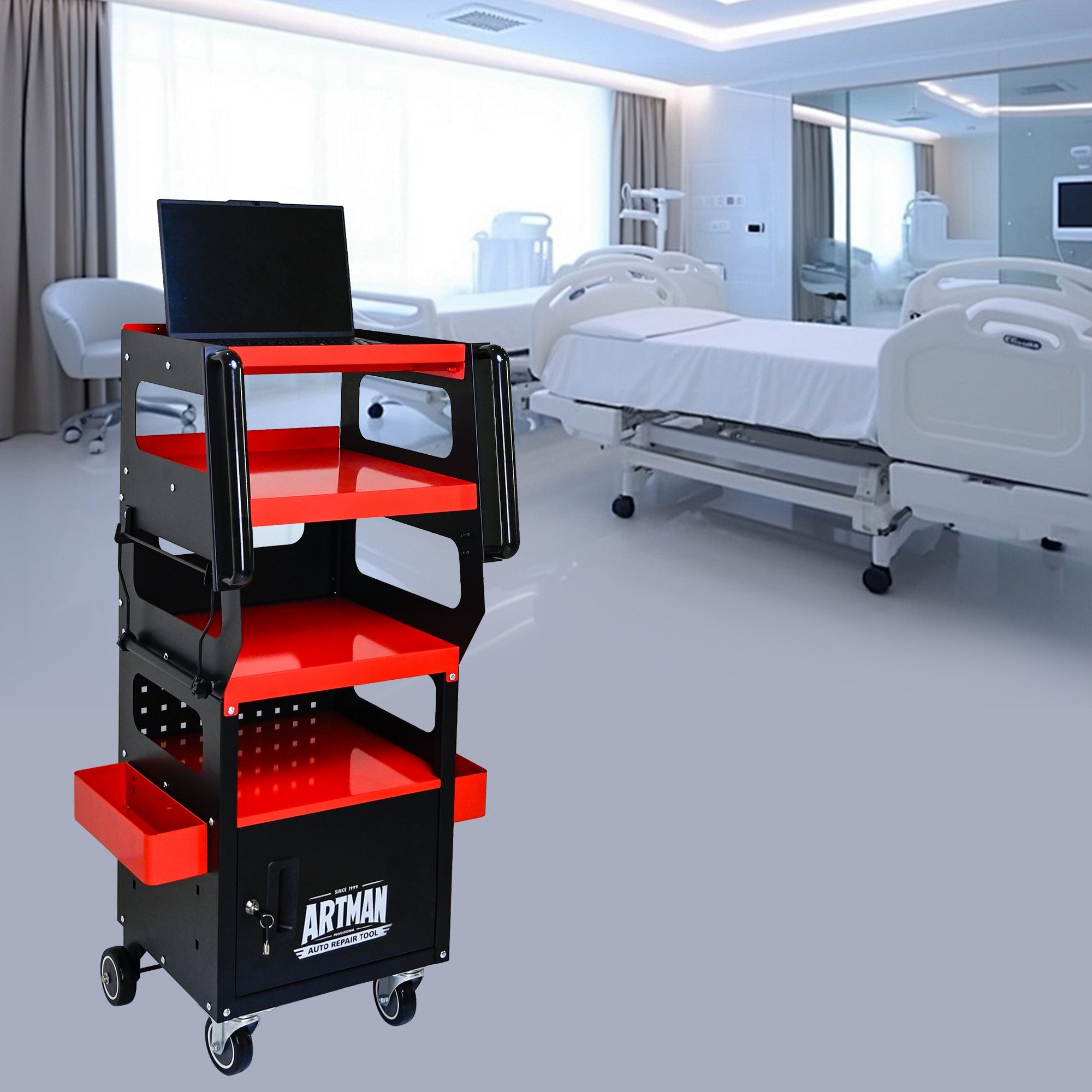 4 Level Multi-Purpose Trolley for Diagnostics - Black + Red