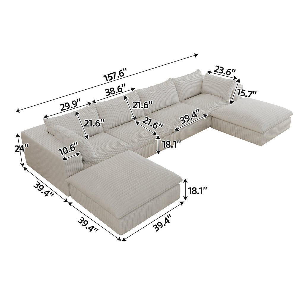 157.6'Cloud Sofa,Corduroy Fabric,Deep Seat Couches,Double-layer design,Removable  Cushion,No Assembly,DIY Combination for Living room, Bedroom,Conference room ,Apartment,White