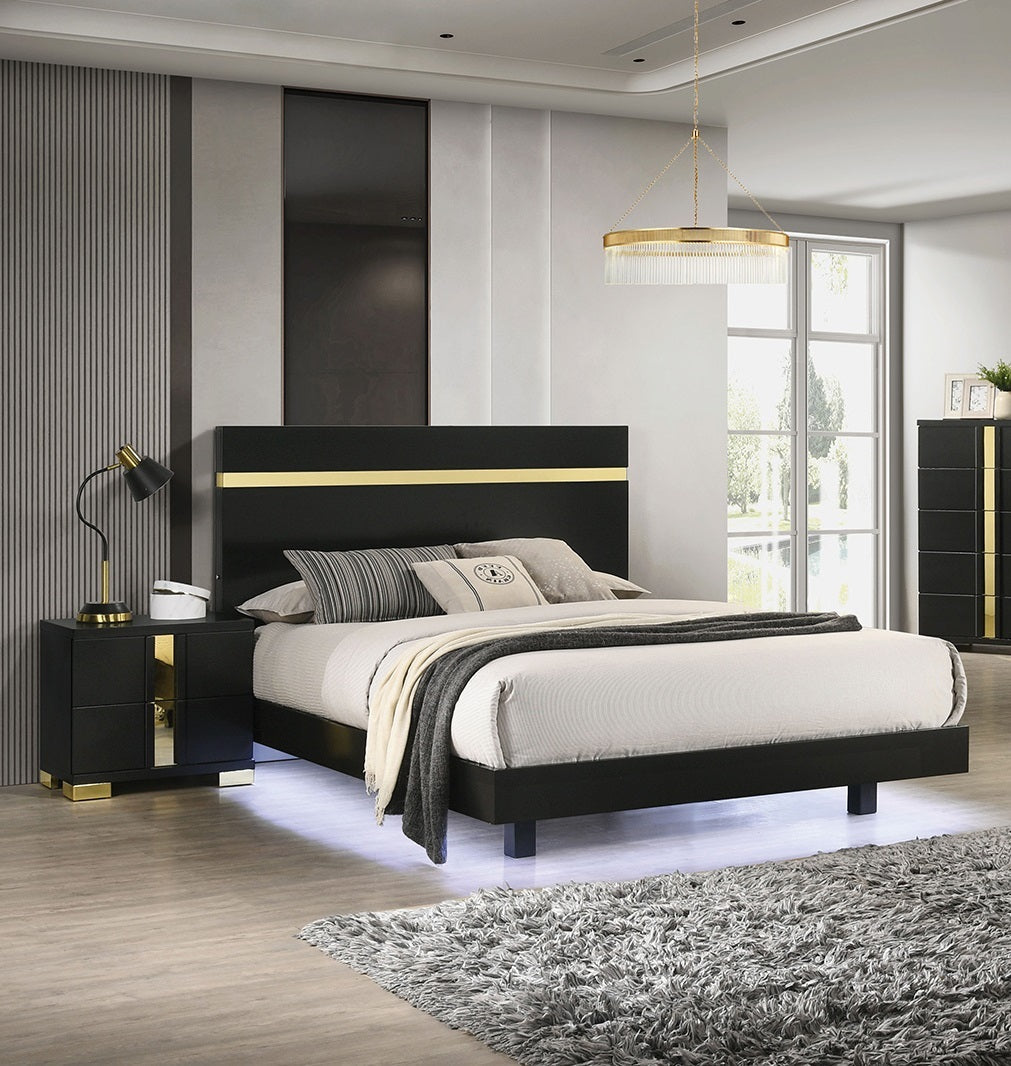 Modern Black 3pc Bedroom Set Full Size Bed w LED 2x Nightstands Mattress Ready Furniture Acrylic Trim