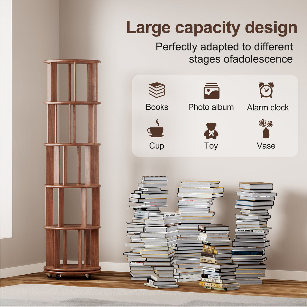 100%Solid Wood Rotating Bookshelf on Wheels,5 Tier, Round Revolving Bookcase, 360° Spinning Book Shelf Tower for Kids, Narrow Rolling Bookshelves for Small Space, Corner, Bedroom, Office, Walnut
