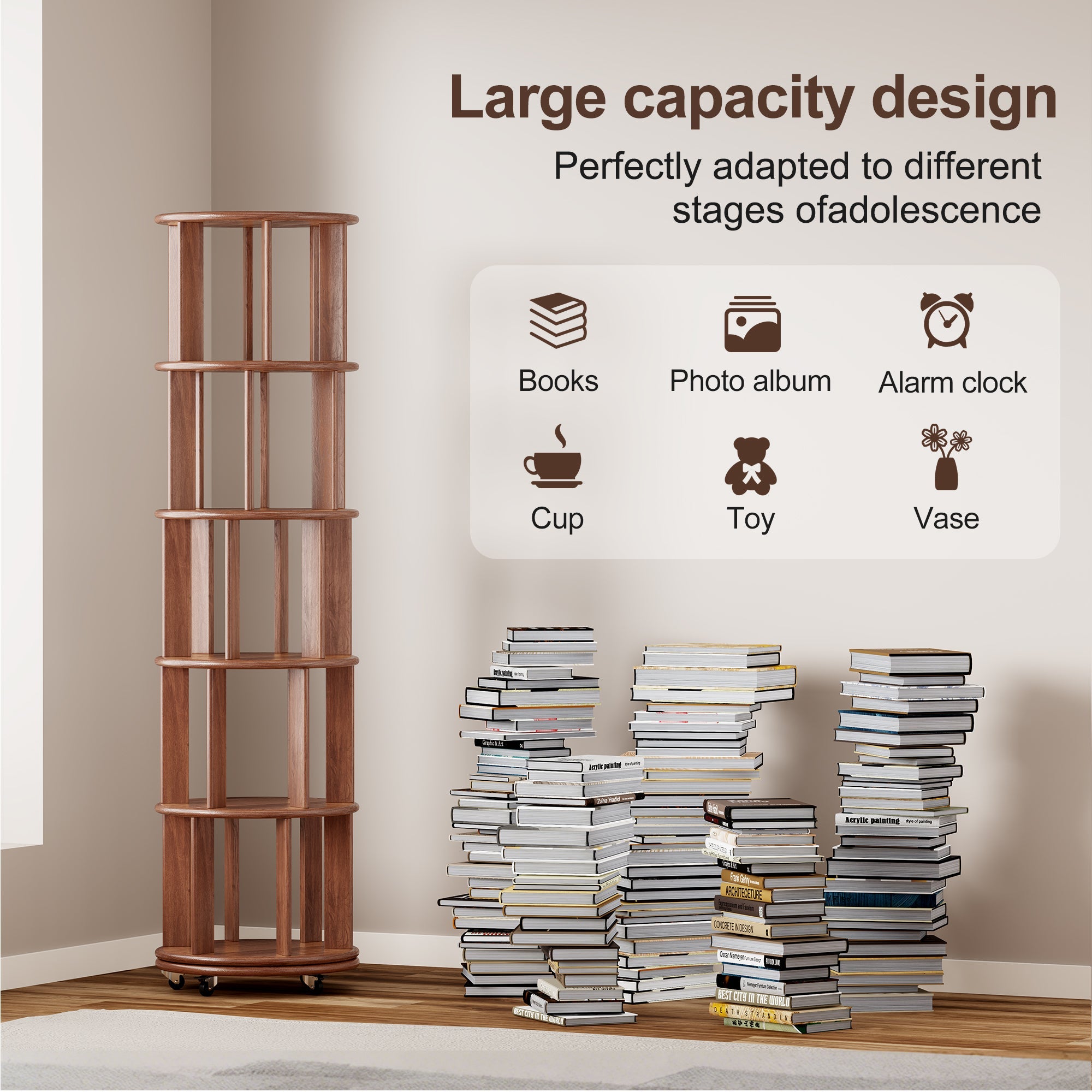 100%Solid Wood Rotating Bookshelf on Wheels,5 Tier, Round Revolving Bookcase, 360° Spinning Book Shelf Tower for Kids, Narrow Rolling Bookshelves for Small Space, Corner, Bedroom, Office, Walnut