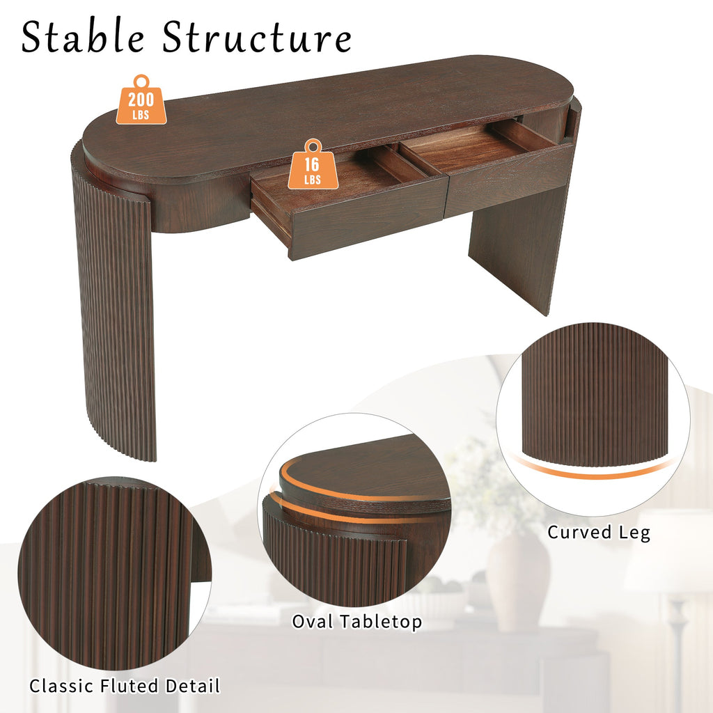 TREXM Entryway Table with Natural Wood Grain Finish, Console Table with Fluted Design, Oval Top and 2 Drawers for Entryway and Living Room (Espresso)