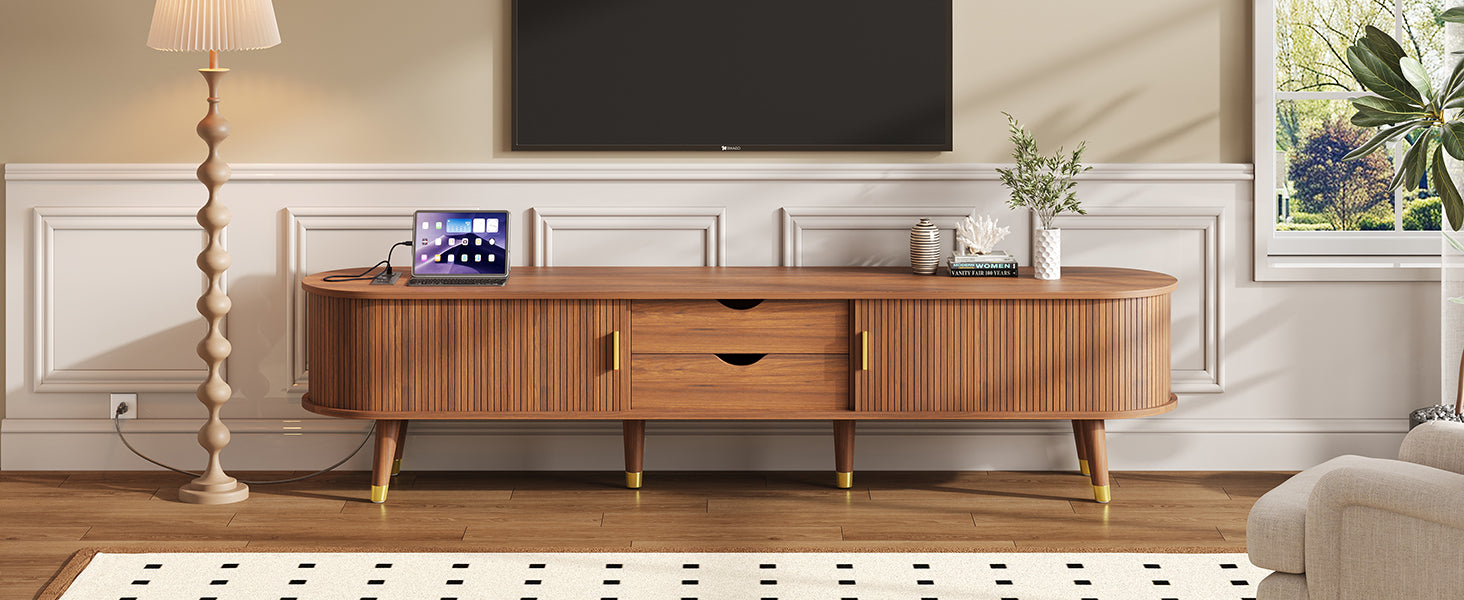 Wooden Oval Fluted TV Stand with Charging Station for TV up to 80', Mid-Century Media Console with Sliding Tambour Door, Farmhouse TV Cabinet with Golden Handle for Living Room, Walnut