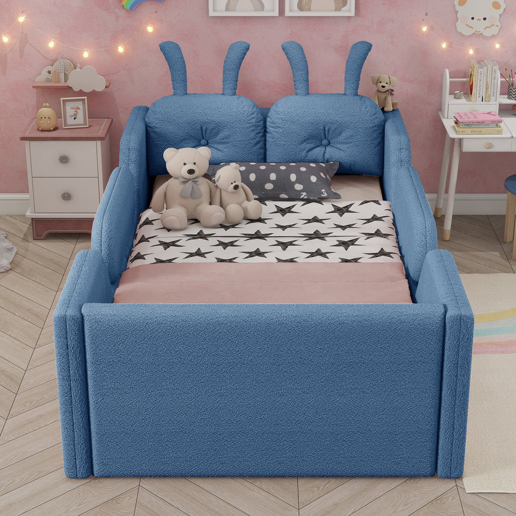 Twin Size Upholstered Platform Bed with Rabbit Cushion, Kids Floor Upholstered Bed with Removable Side Rails, Blue(Expect Arrival Date 2025/1/15)