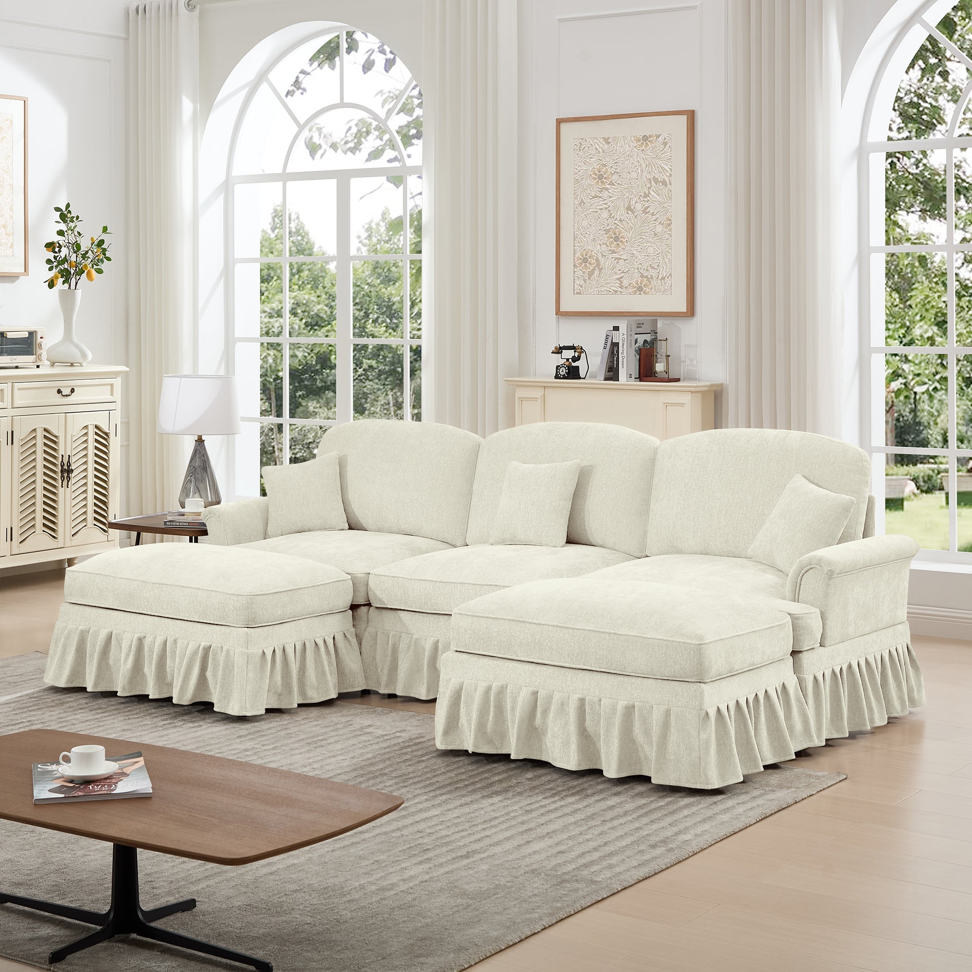 Classic Comfy Modular U Shape Sectional Sofa Couch with Flared Arms and Removable Ruffles Pleats Skirts and Spindle Legs, Upholstered Chenille Deep Seat Cloud Sofa with Movable Ottomans, Beige White