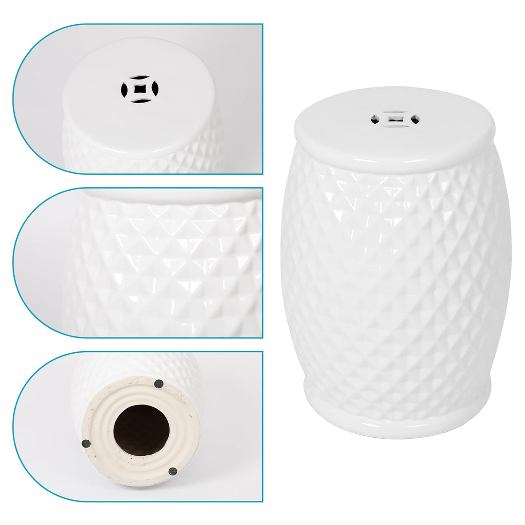 Glazed Ceramic Drum Stool - Indoor/Outdoor Side Table - White Ceramic 11 x 17.25 Inches