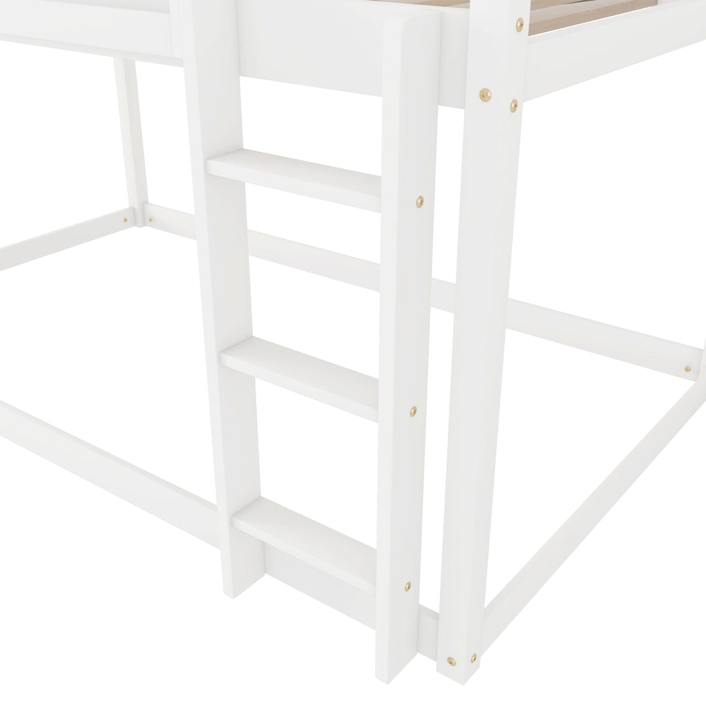 Low Twin Over Twin Bunk Bed, Floor Bunk Bed with Ladder, Solid Wood Twin Bunk Bed for Kids & Juniors, White(Expect Arrival Date 2025/11/25)