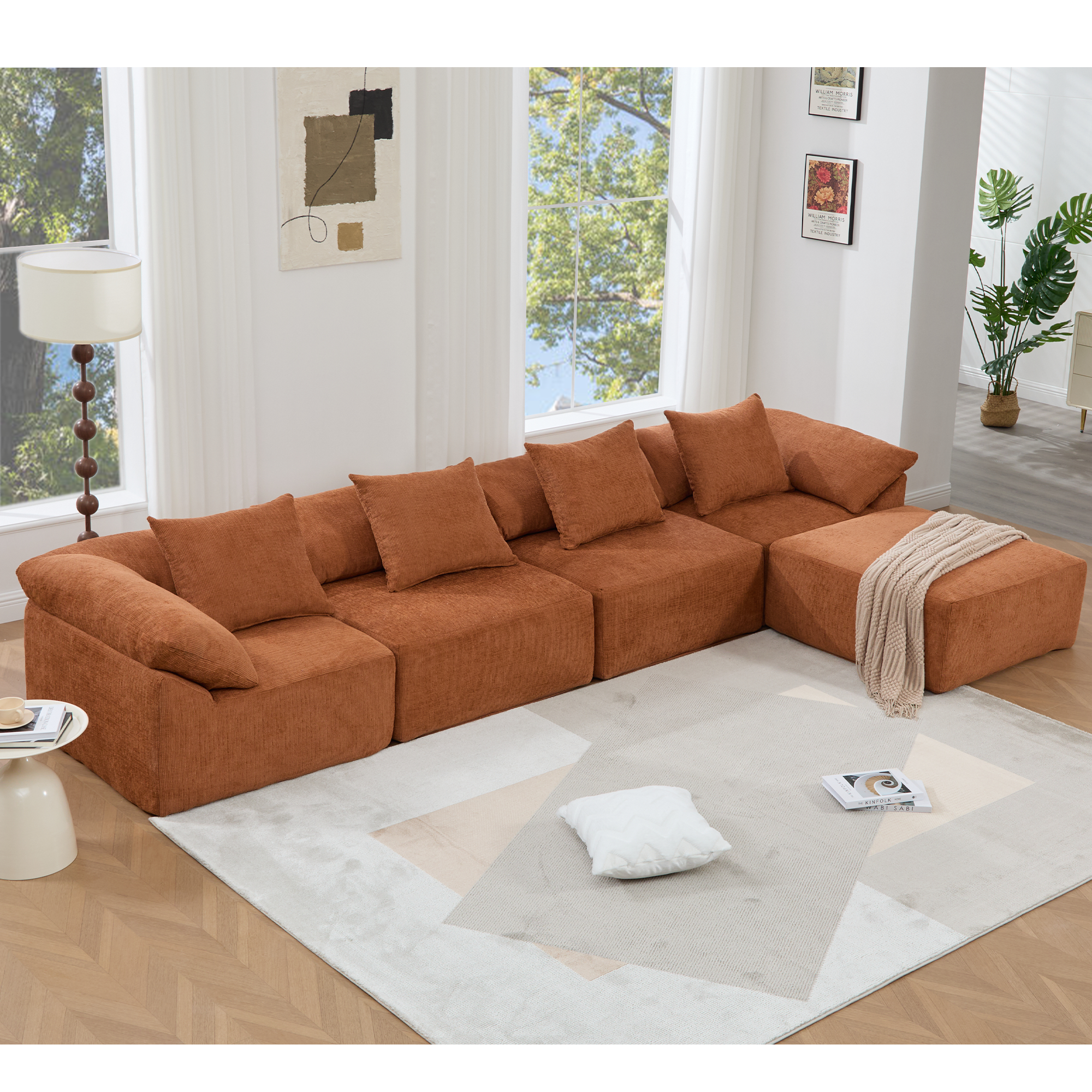 142' L Shaped Modular Sectional Sofa,No Assembly,5 Piece Couch, Convertible Sleeper Couch,Full-Compressed Couch,Free-Combined Couches,5 Seat & Ottoman,Chenille,Orange