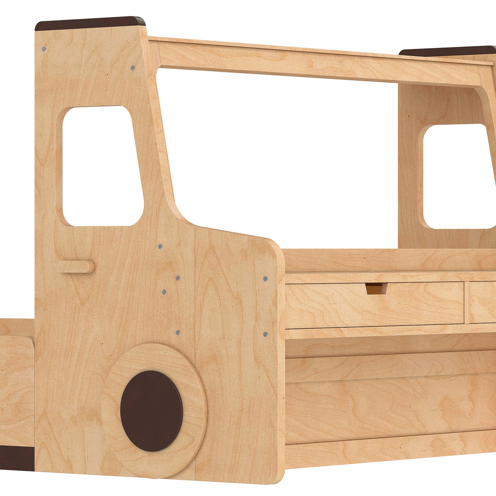 Full Size Floor Bed with Interesting Car-shape Design, Kids Car Floor Bed with Storage Drawers, Window, and Desk, Childlike Design, Natural