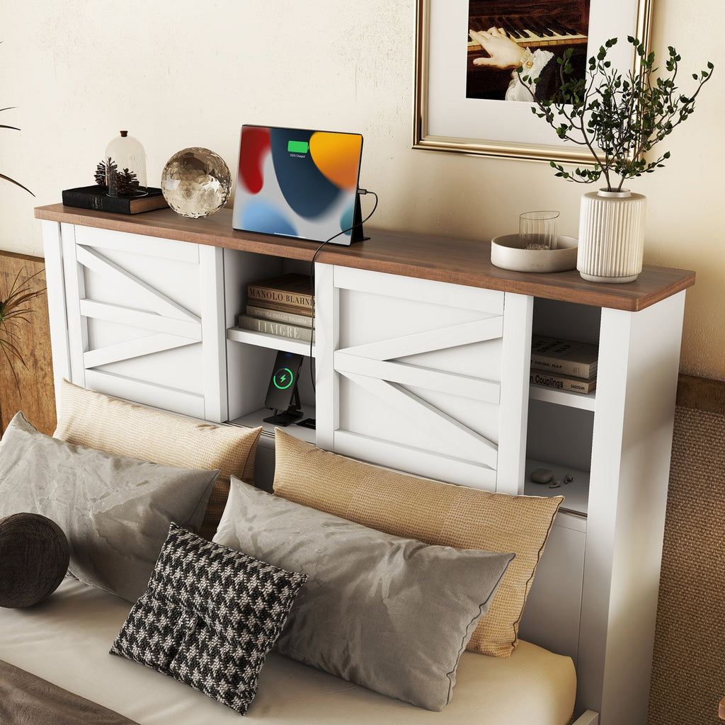 3-Pieces Bedroom Sets Queen Size  Farmhouse Platform Bed with Double Sliding Door Storage Headboard, Storage Nightstand and Dresser, White+Brown(Old SKU HL000092AAK)