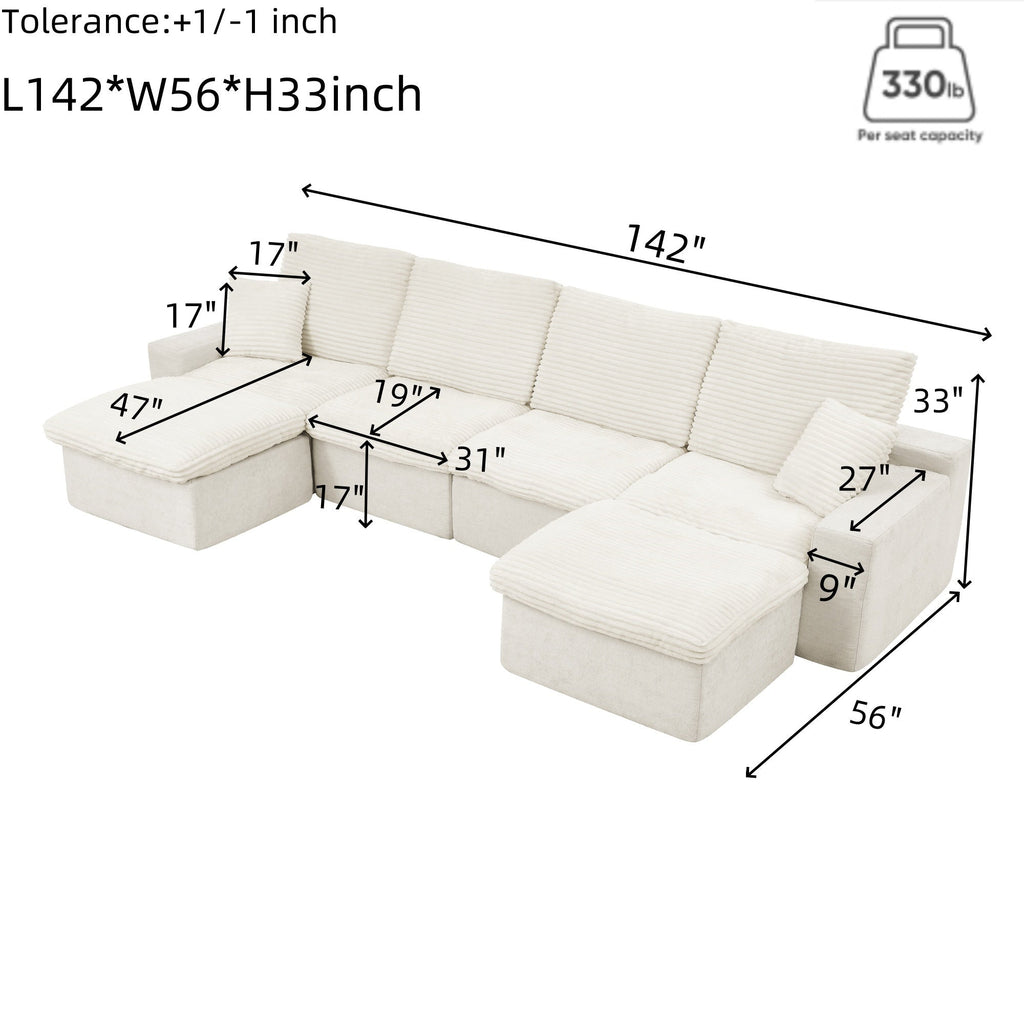 142' Cloud Sectional Couch with Comfy Chaise,U Shaped Modern Modular Sofa with Deep Seat,No Assembly Required Couch for Living Room Lounge,Beige