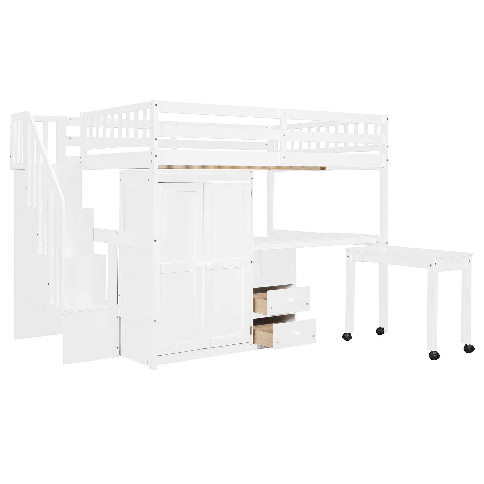 Full Size Loft Bed with Stairs, Bookshelf, Drawers, Desk & Wardrobe – Space-Saving Multifunctional Furniture for Kids & Teens-White