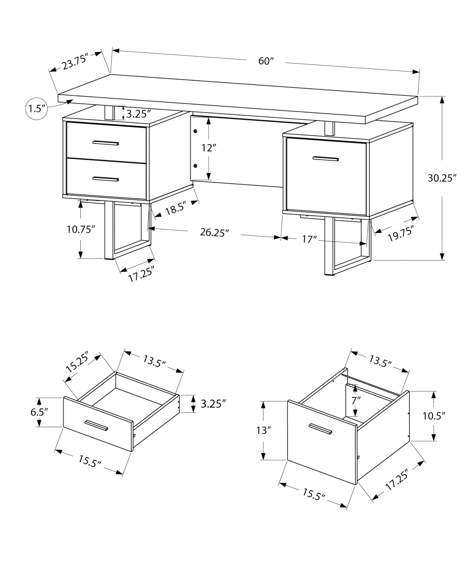 Computer Desk, Home Office, Laptop, Left, Right Set-up, Storage Drawers, 60'l, Work, Black Laminate, Grey Metal, Contemporary, Modern