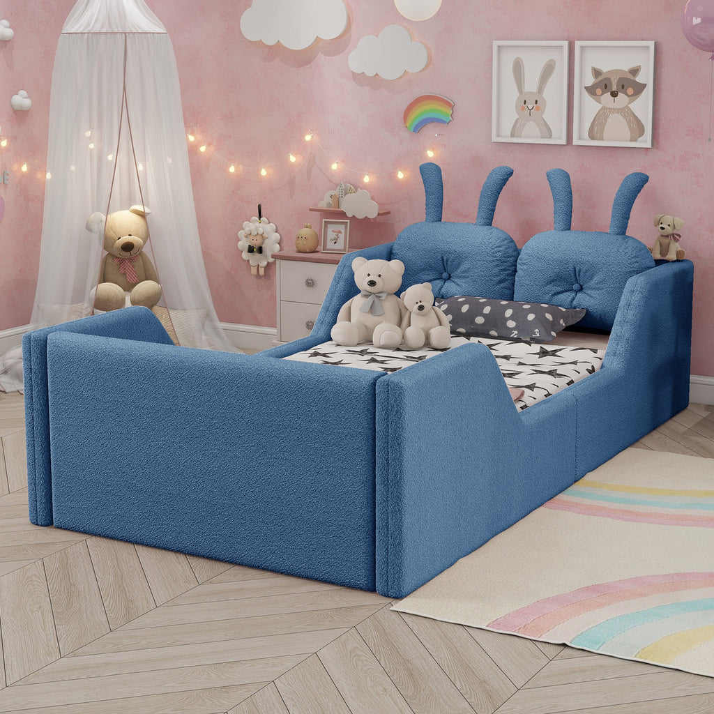 Twin Size Upholstered Platform Bed with Rabbit Cushion, Kids Floor Upholstered Bed with Removable Side Rails, Blue(Expect Arrival Date 2025/1/15)