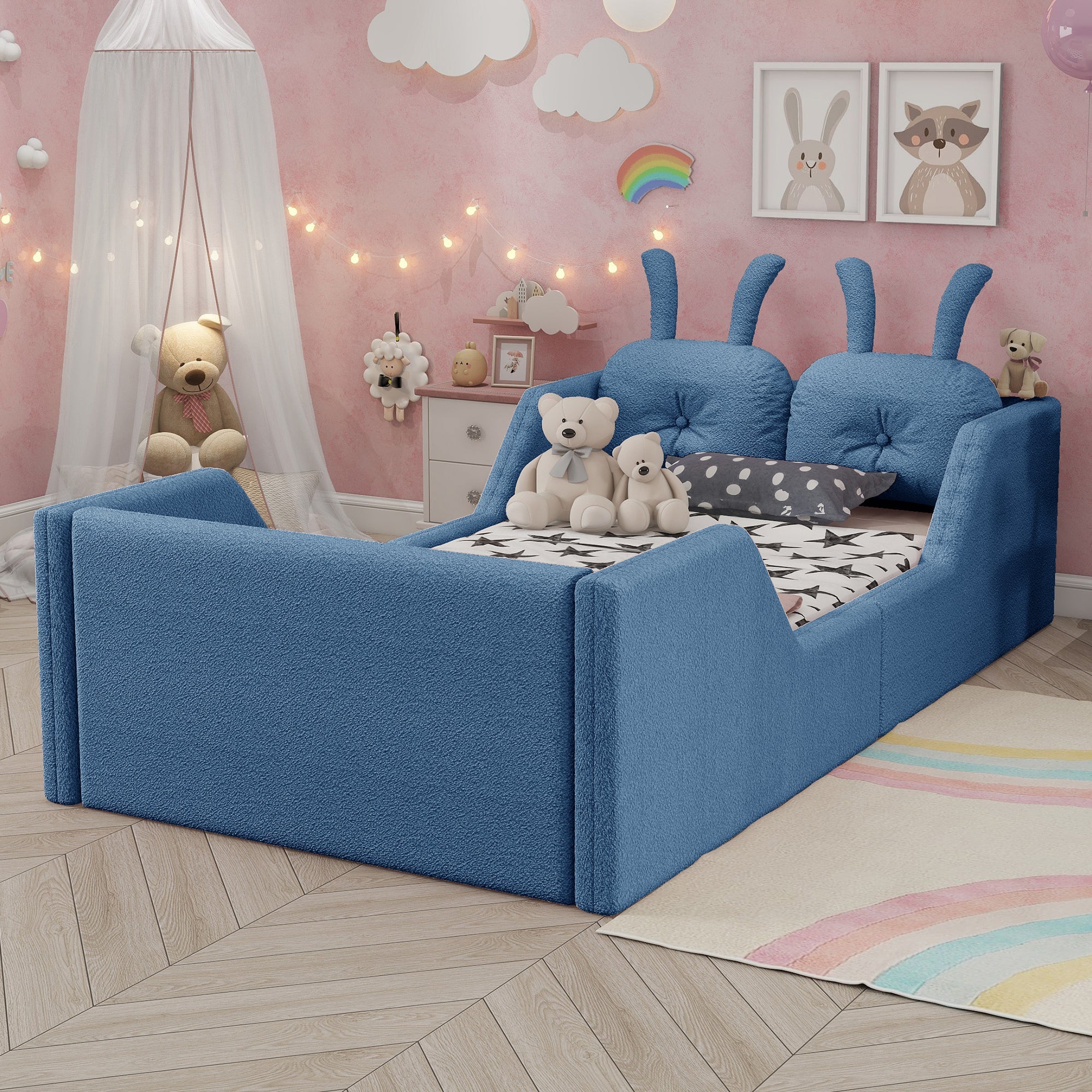 Twin Size Upholstered Platform Bed with Rabbit Cushion, Kids Floor Upholstered Bed with Removable Side Rails, Blue(Expect Arrival Date 2025/1/15)