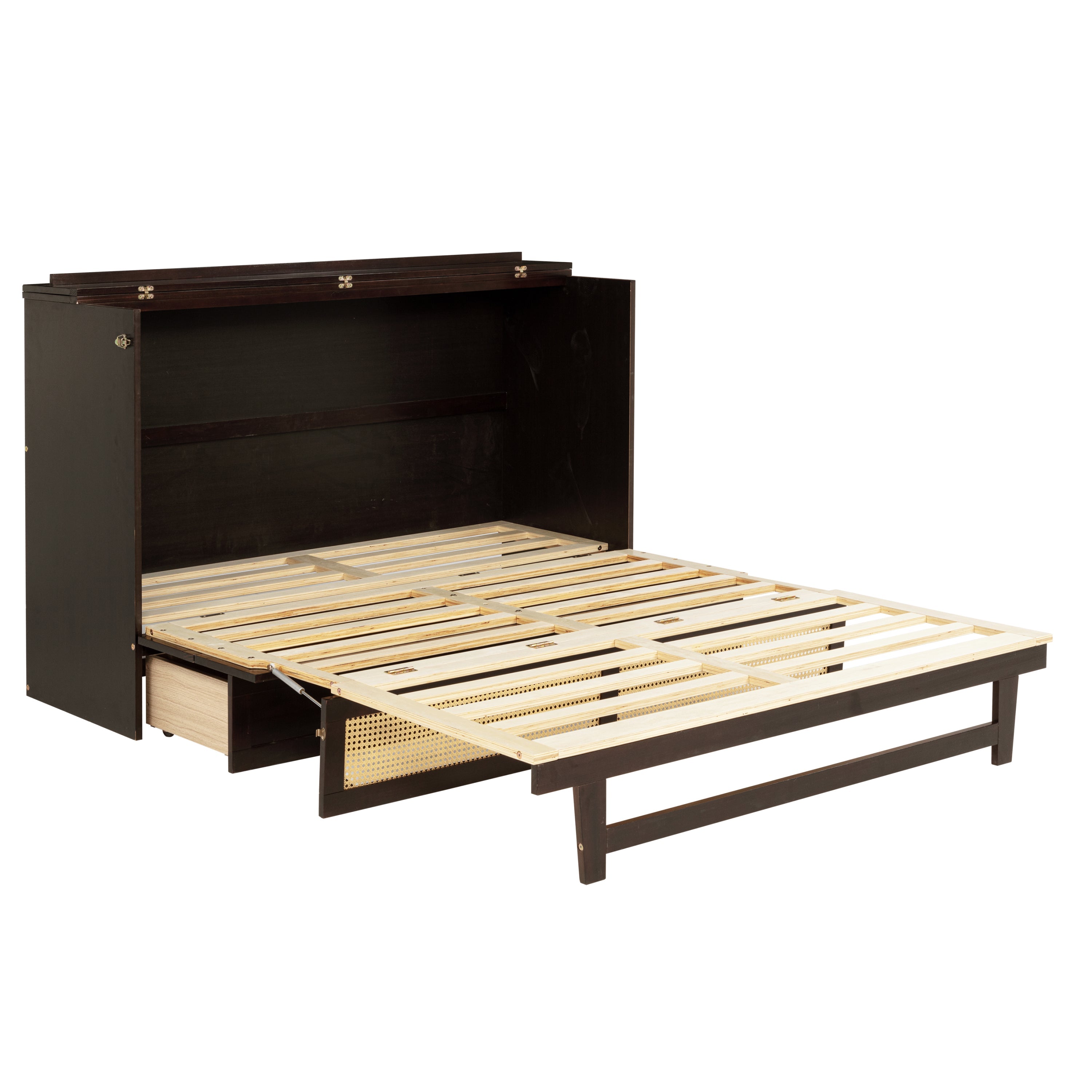 Queen Size Murphy Bed, Pine Wood Cabinet Bed with Rattan Decoration and Storage Drawer,Espresso