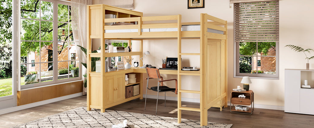 Wood Loft Bed with Cabinet and Bookshelf, Queen Size Loft with Wardrobe and Desk for Kids,Natural