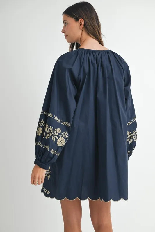 MABLE Embroidered Long Sleeve Peasant Mini Dress