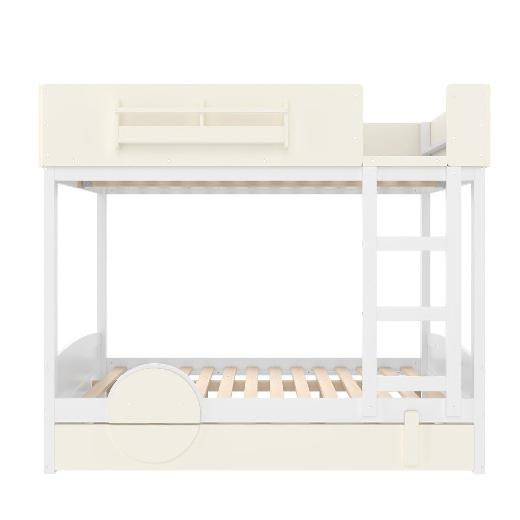 Full Bunk Bed with Trundle , Wood Bunk Bed Frame with Built-in Bookshelf and High-quality Safety Guardrail,Automobile Form Design for Kids ,White＆ Beige.