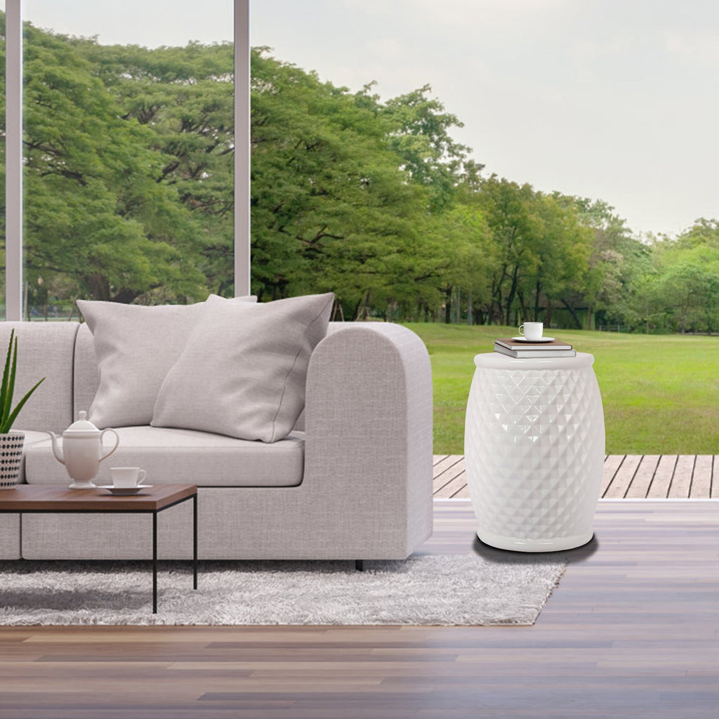Glazed Ceramic Drum Stool - Indoor/Outdoor Side Table - White Ceramic 11 x 17.25 Inches