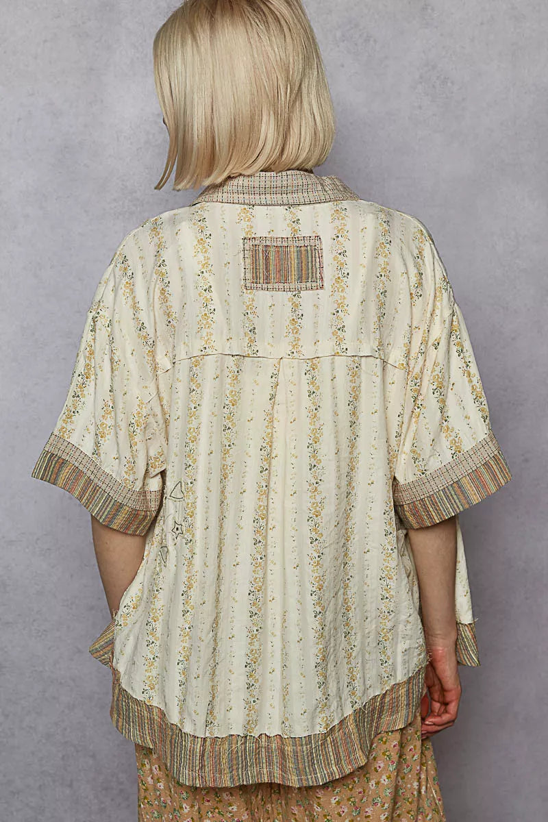 POL Printed Button Down Patchwork Short Sleeve Shirt